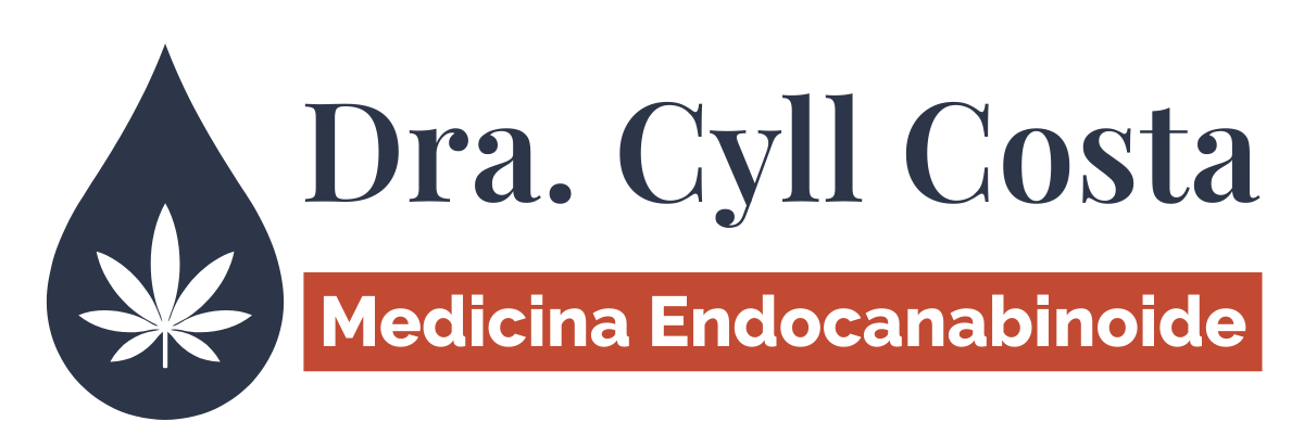 Logo da Dra. Cyll Costa com símbolo de folha e gota, representando medicina endocanabinoide.